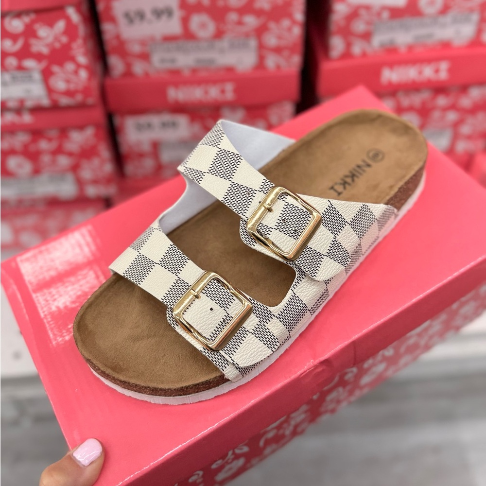 White Checkered Buckle Sandals